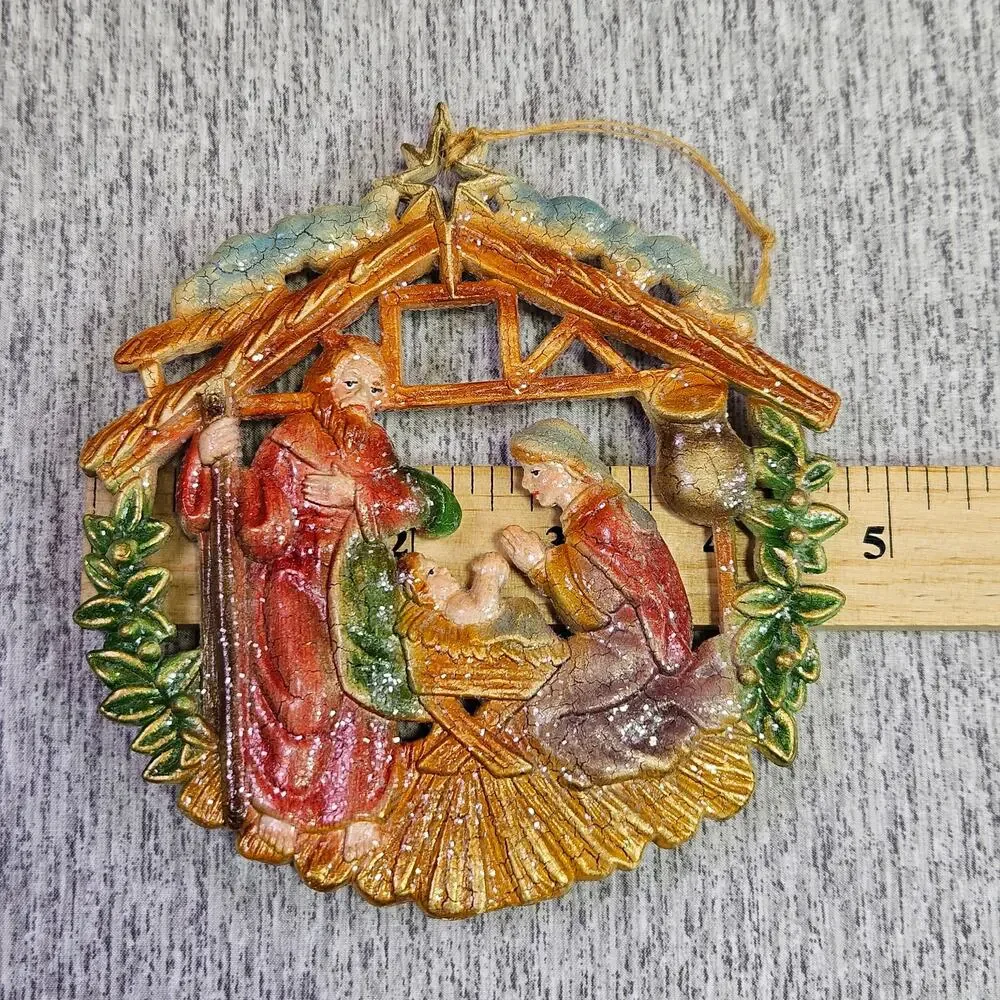 VTG 70s Christmas Tree Ornament Set of 2 Nativity Baby Jesus Mary Joseph Stable